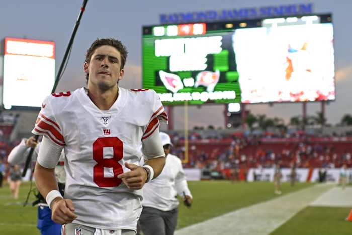 Sep 22, 2019; Tampa, FL, USA; New York Giants quarterback Daniel Jones (8) runs off the field after defeating the Tampa Bay Buccaneers at Raymond James Stadium.